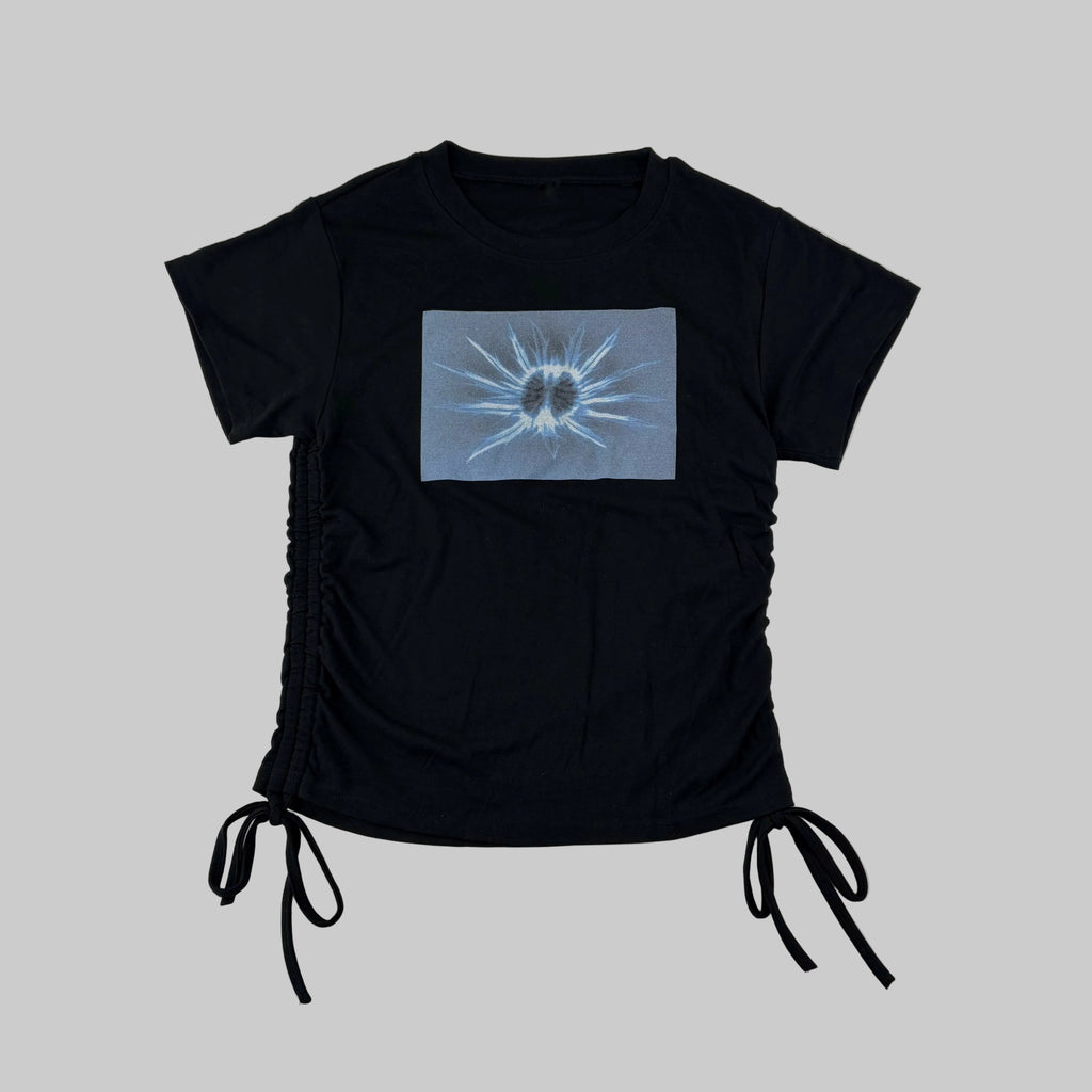 Black women's t-shirt with drawstring ties and Scottish thistle x-ray print in blue on the front made in Scotland