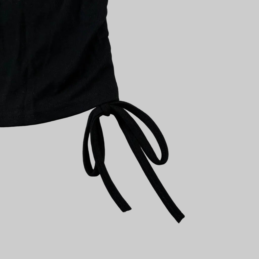 Black women's t-shirt with drawstring ties and Scottish thistle x-ray print in blue on the front made in Scotland