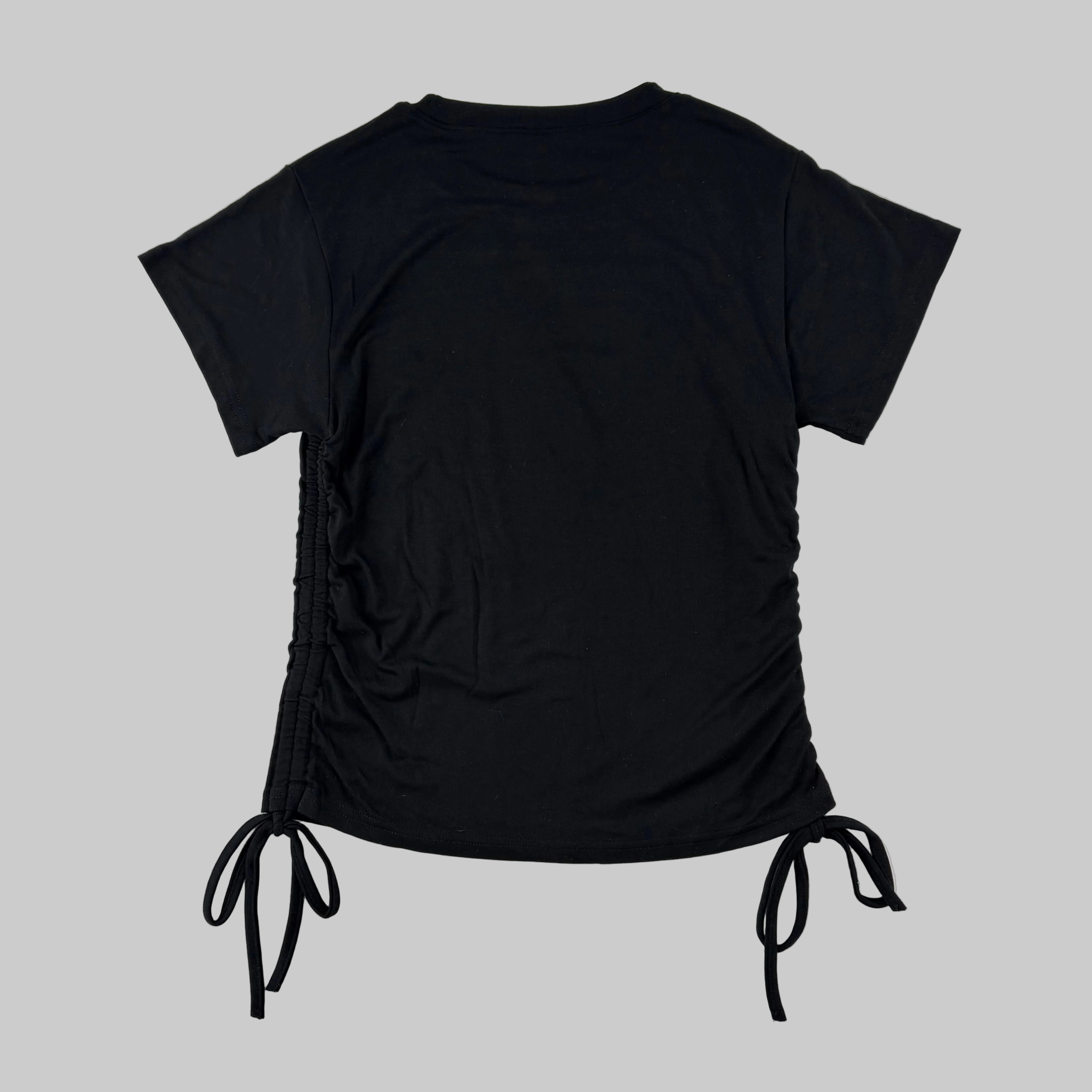Black women's t-shirt with drawstring ties and Scottish thistle x-ray print in blue on the front made in Scotland